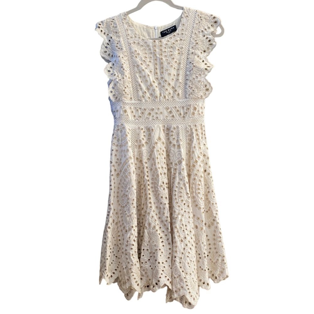 NWT Few Moda Cream Eyelet Lace Midi Dress Flutter Sleeve Scallop Hem Cottage-XS